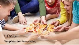  Presentation with friendship - Beautiful presentation theme featuring happy teenage friends eating pizza backdrop and a coral colored foreground