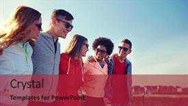  Presentation with city people walking - Beautiful PPT theme featuring happy teenage friends walking backdrop and a crimson colored foreground