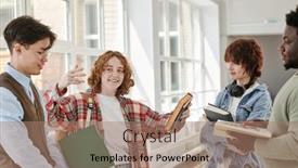  Presentation with teenage girl - Presentation theme enhanced with happy-teenage-girl-in-casualwear background and a coral colored foreground