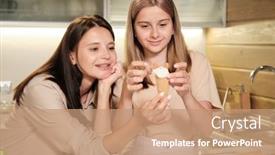  Presentation with teenage girl - Beautiful presentation theme featuring happy-teenage-girl-looking backdrop and a coral colored foreground