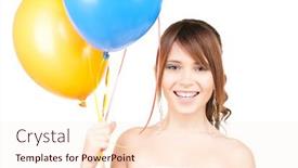  Presentation with balloons - Cool new slide deck with happy teenage girl with balloons over white backdrop and a lemonade colored foreground