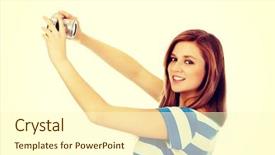  Presentation with happy smiling woman dental health - Beautiful theme featuring selfie with classic slr camera backdrop and a cream colored foreground