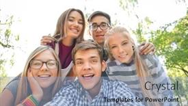  Presentation with teenagers - Slide set consisting of happy teenagers taking selfie outdoors background and a light blue colored foreground