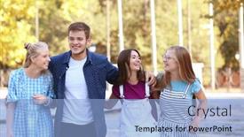  Presentation with teenagers - Audience pleasing PPT layouts consisting of happy teenagers walking on city street backdrop and a light blue colored foreground
