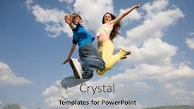  Presentation with teens - PPT theme enhanced with happy teens - jumping under blue sky soft focus focus on eyes background and a light blue colored foreground