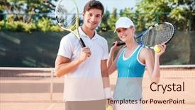  Presentation with lawn tennis a hard court - Audience pleasing presentation consisting of happy tennis couple on court backdrop and a lemonade colored foreground