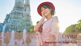  Presentation with thai temple - Slide set having happy-thai-woman-at-war background and a coral colored foreground