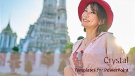  Presentation with thai temple - Presentation design having happy-thai-woman-at-war background and a coral colored foreground