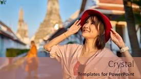  Presentation with bangkok - Slide deck with happy-thai-woman-at-wat background and a coral colored foreground
