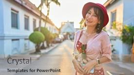  Presentation with bangkok - PPT theme having happy-thai-woman-at-wat background and a coral colored foreground