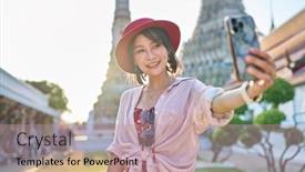  Presentation with thai temple - PPT theme with happy-thai-woman-taking-seflie background and a coral colored foreground