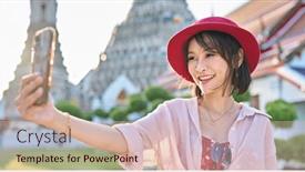  Presentation with thai temple - PPT theme with happy-thai-woman-taking-seflie background and a lemonade colored foreground