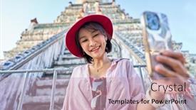  Presentation with thai temple - Presentation theme having happy-thai-woman-taking-seflie background and a soft green colored foreground