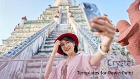  Presentation with thai temple - Theme with happy-thai-woman-taking-seflie background and a soft green colored foreground