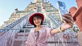  Presentation with thai temple - Slides having happy-thai-woman-taking-seflie background and a coral colored foreground