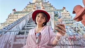  Presentation with thai temple - Presentation enhanced with happy-thai-woman-taking-seflie background and a coral colored foreground