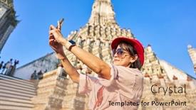  Presentation with thai temple - PPT layouts featuring happy-thai-woman-taking-seflie background and a coral colored foreground