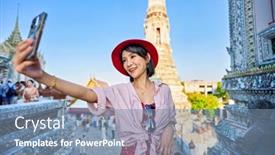  Presentation with thai temple - PPT theme consisting of happy-thai-woman-taking-seflie background and a seafoam green colored foreground