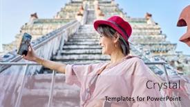 Presentation with thai temple - Presentation having happy-thai-woman-taking-seflie background and a soft green colored foreground