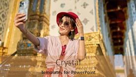  Presentation with thai temple - PPT theme enhanced with happy-thai-woman-taking-seflie background and a gold colored foreground