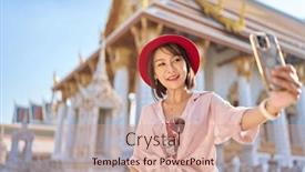  Presentation with thai temple - Slide set enhanced with happy-thai-woman-taking-seflie background and a coral colored foreground