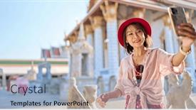  Presentation with thai temple - Presentation enhanced with happy-thai-woman-taking-seflie background and a light blue colored foreground
