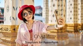  Presentation with thai temple - Slide set with happy-thai-woman-taking-seflie background and a coral colored foreground