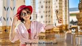  Presentation with thai temple - PPT theme having happy-thai-woman-taking-seflie background and a coral colored foreground