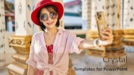  Presentation with thai temple - Presentation design featuring happy-thai-woman-taking-seflie background and a coral colored foreground