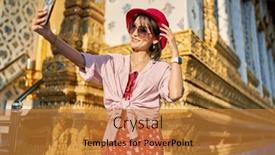  Presentation with thai temple - Presentation theme consisting of happy-thai-woman-taking-seflie background and a gold colored foreground