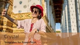  Presentation with thai temple - Theme having happy-thai-woman-taking-seflie background and a gold colored foreground