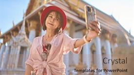  Presentation with thai temple - Presentation theme having happy-thai-woman-taking-seflie background and a coral colored foreground