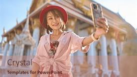  Presentation with thai temple - Presentation consisting of happy-thai-woman-taking-seflie background and a coral colored foreground