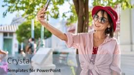  Presentation with thai temple - PPT theme featuring happy-thai-woman-taking-seflie background and a light blue colored foreground
