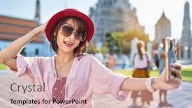  Presentation with thai temple - Slides with happy-thai-woman-taking-seflie background and a soft green colored foreground