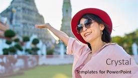  Presentation with thai temple - Slide deck enhanced with happy-thai-woman-wearing-sunglasses background and a soft green colored foreground