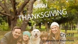  Presentation with happy thanksgiving - Amazing PPT theme having happy thanksgiving against young family with a dog backdrop and a yellow colored foreground