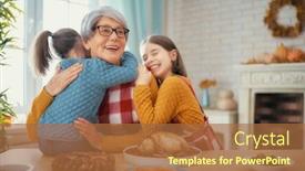  Presentation with thanksgiving dinner - Cool new slide deck with happy thanksgiving day autumn feast family sitting at the table and celebrating holiday traditional dinner grandmother and granddaughters backdrop and a red colored foreground