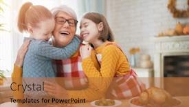  Presentation with feast - Theme featuring happy thanksgiving day autumn feast family sitting at the table and celebrating holiday traditional dinner grandmother and granddaughters background and a red colored foreground