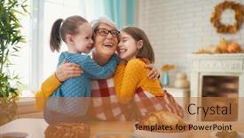  Presentation with happy thanksgiving - Presentation theme featuring happy thanksgiving day autumn feast family sitting at the table and celebrating holiday traditional dinner grandmother and granddaughters background and a coral colored foreground