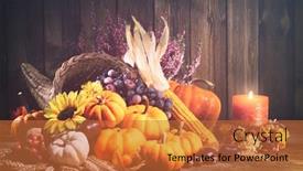  Presentation with happy thanksgiving - PPT theme consisting of happy thanksgiving decorative cornucopia with pumpkins squash fruits and falling leaves on rustic wooden table background and a red colored foreground
