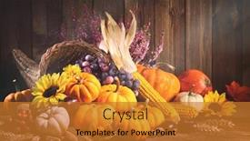  Presentation with happy thanksgiving - Colorful PPT theme enhanced with happy thanksgiving decorative cornucopia with pumpkins squash fruits and falling leaves on rustic wooden table backdrop and a gold colored foreground