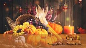  Presentation with happy thanksgiving - Presentation having happy thanksgiving decorative cornucopia with pumpkins squash fruits and falling leaves on rustic wooden table background and a red colored foreground
