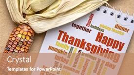  Presentation with happy thanksgiving - Beautiful slide set featuring happy thanksgiving word cloud in a sketchbook with a decorative corn holiday greeting card backdrop and a coral colored foreground