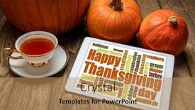  Presentation with happy thanksgiving - Slide set enhanced with happy-thanksgiving-word-cloud background and a coral colored foreground