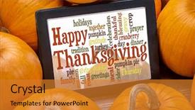  Presentation with happy thanksgiving - Beautiful presentation design featuring happy thanksgiving word cloud backdrop and a gold colored foreground