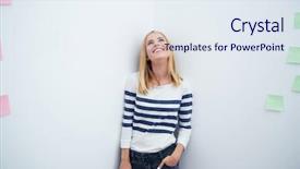  Presentation with corner - Cool new PPT theme with happy thoughtful woman standing backdrop and a sky blue colored foreground