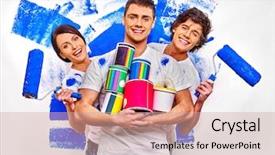  Presentation with multimedia wall television video broadcast - Theme with happy three persons are painting background and a coral colored foreground