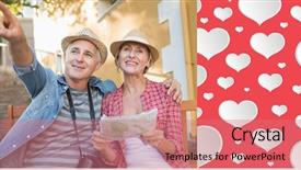  Presentation with city map - Cool new presentation with happy tourist couple looking at map on a bench in the city against heart pattern backdrop and a coral colored foreground