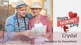  Presentation with city map - Audience pleasing presentation theme consisting of happy tourist couple looking at map on a bench in the city against happy valentines day backdrop and a coral colored foreground